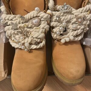 Embellished Timberland Boots with rope shoelaces and charms women's size 11